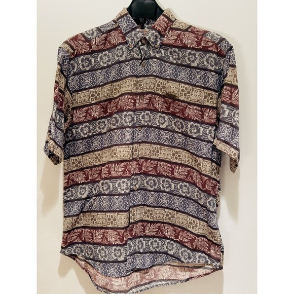 Woolrich Men's‎ Hawaiian Print Button Down SS Shirt Gray Gold Burgundy Cruise LG - Picture 1 of 7